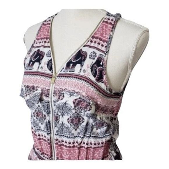 Sleeveless Romper Size M Pink Elephant Print Elastic-Waist 1/2-Zipper Pockets - Picture 6 of 10